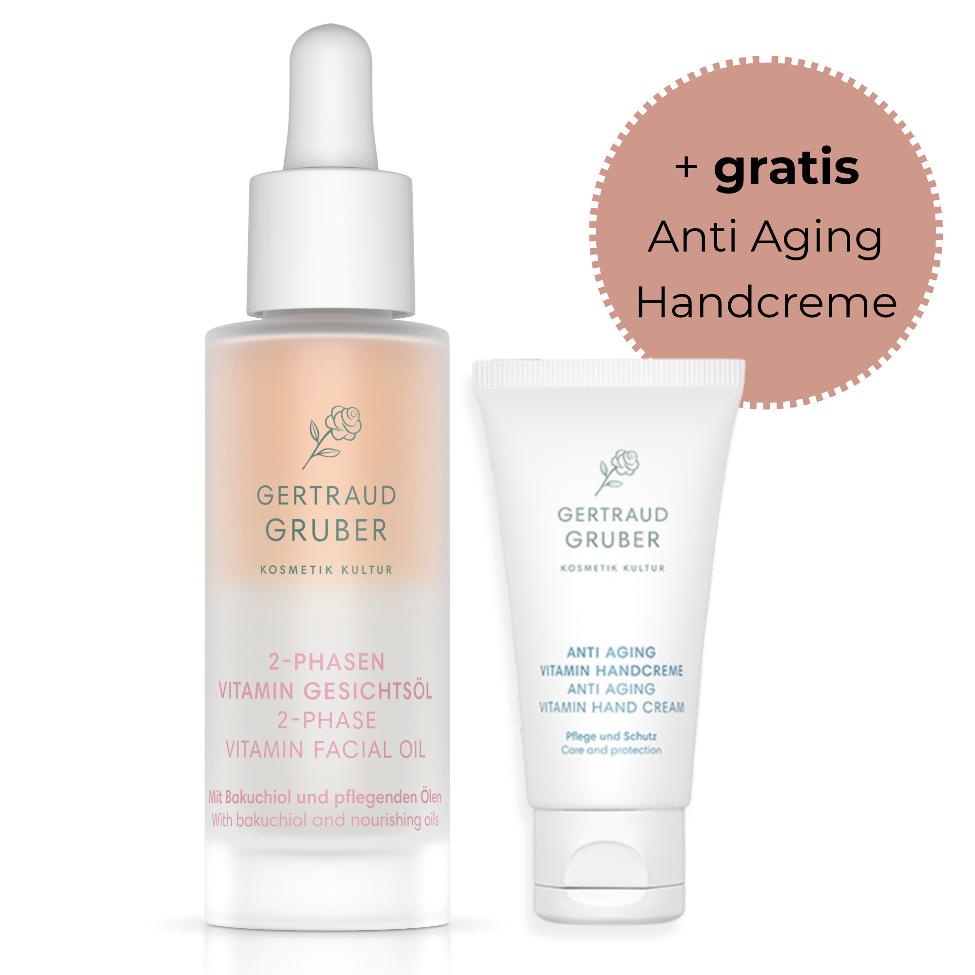 Gertraud Gruber 2-Phasen Vitamin Gesichtsöl | 30ml | Vitamin Booster Set mit gratis Anti Aging Vitamin Handcreme