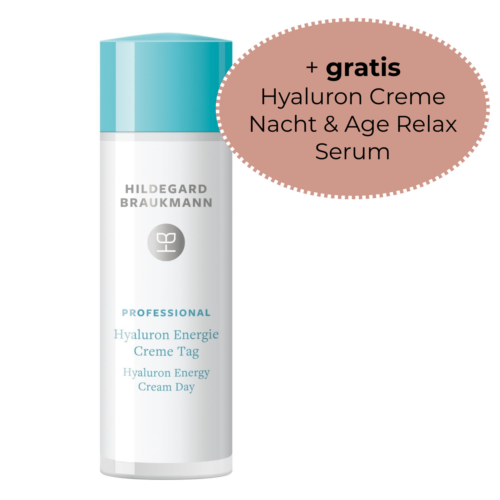 Hildegard Braukmann Professional Hyaluron Energie Creme Tag 50ml Set mit gratis Hyaluron Creme Nacht und Age Relax Serum für intensive Anti-Aging Pflege für trockene Haut.