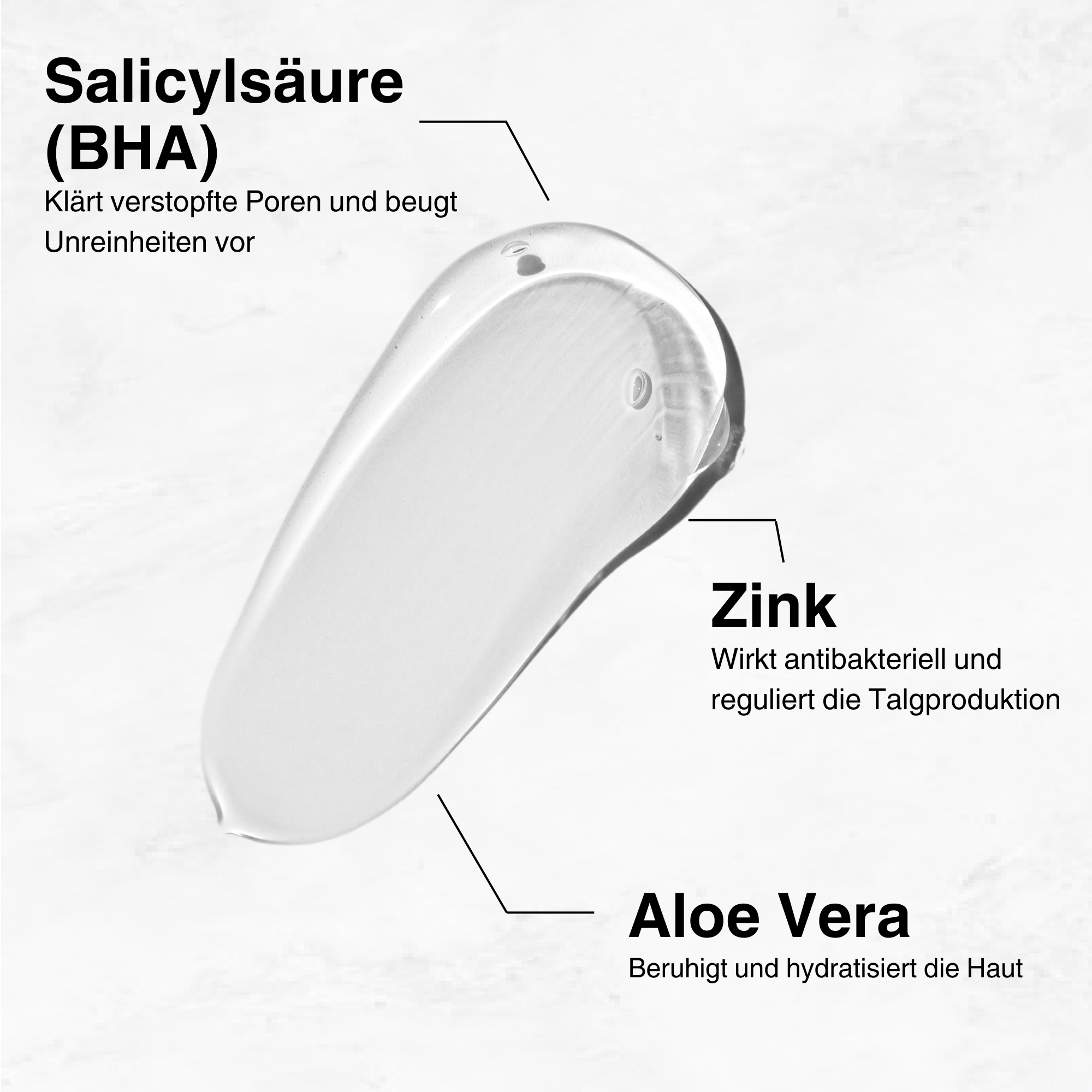 Die Wirksubstanzen Salicylsäure, Zink und Aloe Vera in einem Klärendes Waschgel von Belamax zur Bekämpfung von Hautunreinheiten.