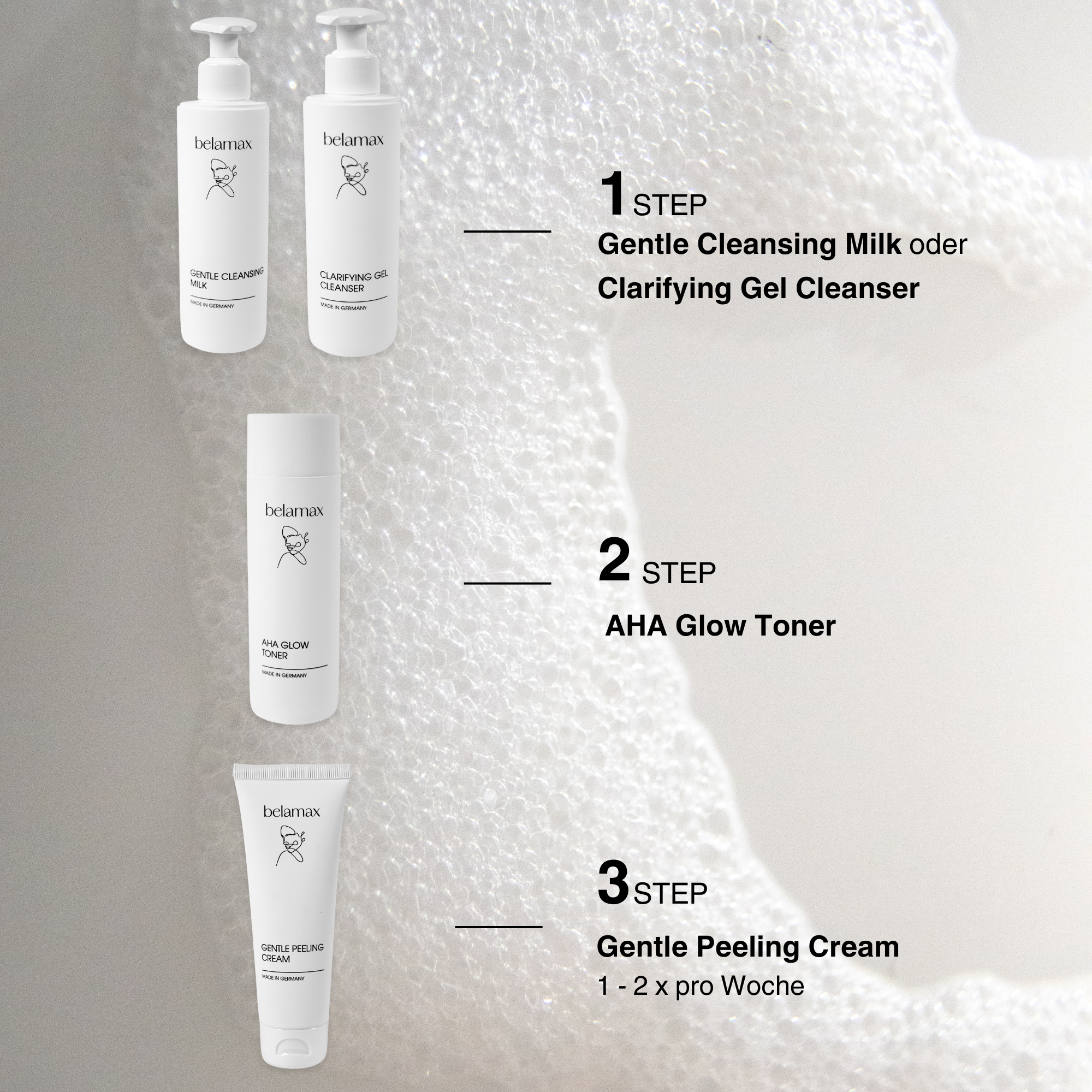 Anleitung zur Hautpflege mit dem Belamax Clarifying Gel Cleanser als ersten Schritt für empfehlenswerte Routine mit klärendem Waschgel.