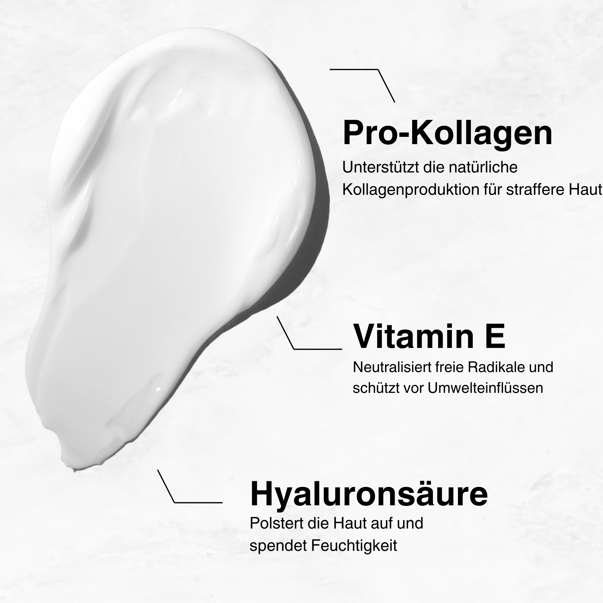 Creme-Nahaufnahme mit Inhaltsstoffen wie Pro-Kollagen, Vitamin E und Hyaluronsäure, perfekt für die Belamax Collagen Booster Day Cream, einer effektiven Anti-Aging Tagespflege.