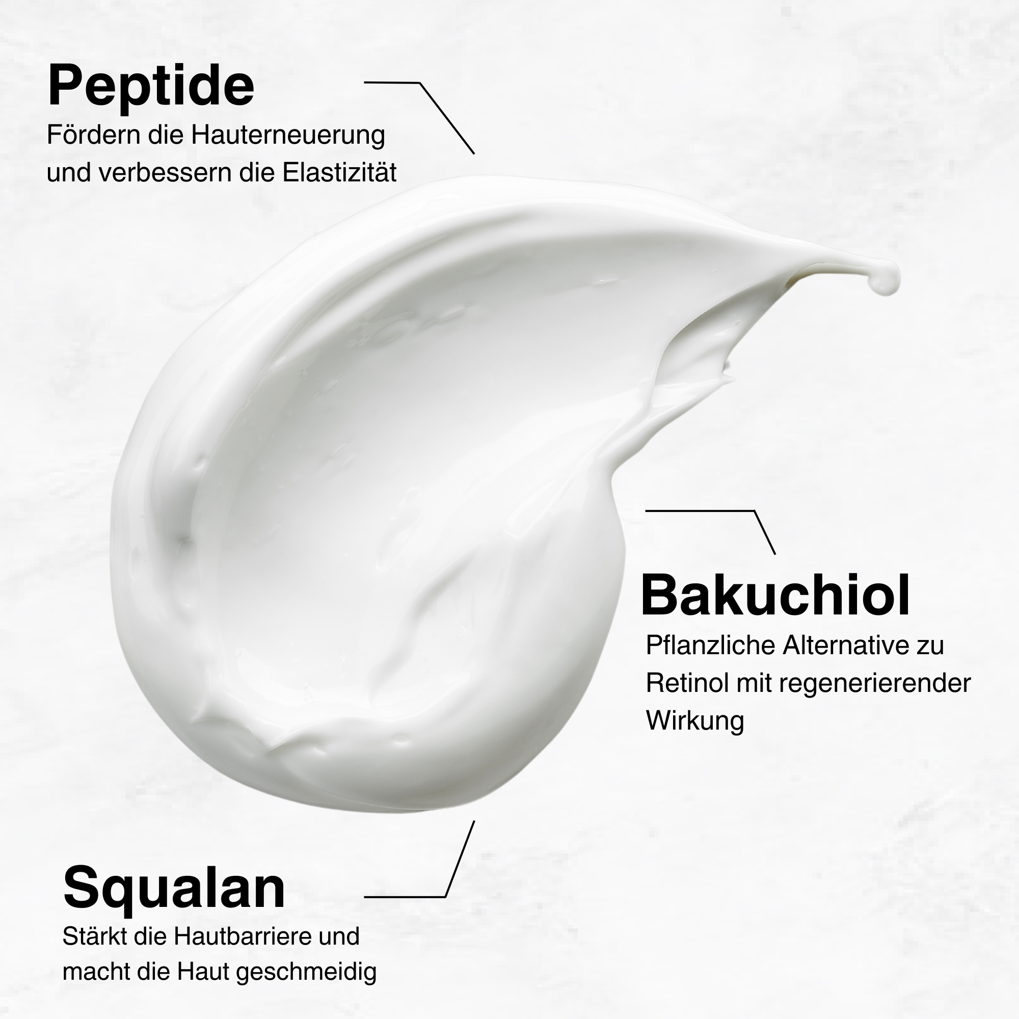 Textur der Belamax Collagen Booster Night Cream, die Bakuchiol und Peptide enthält, perfekt für reichhaltige Anti-Aging Creme.