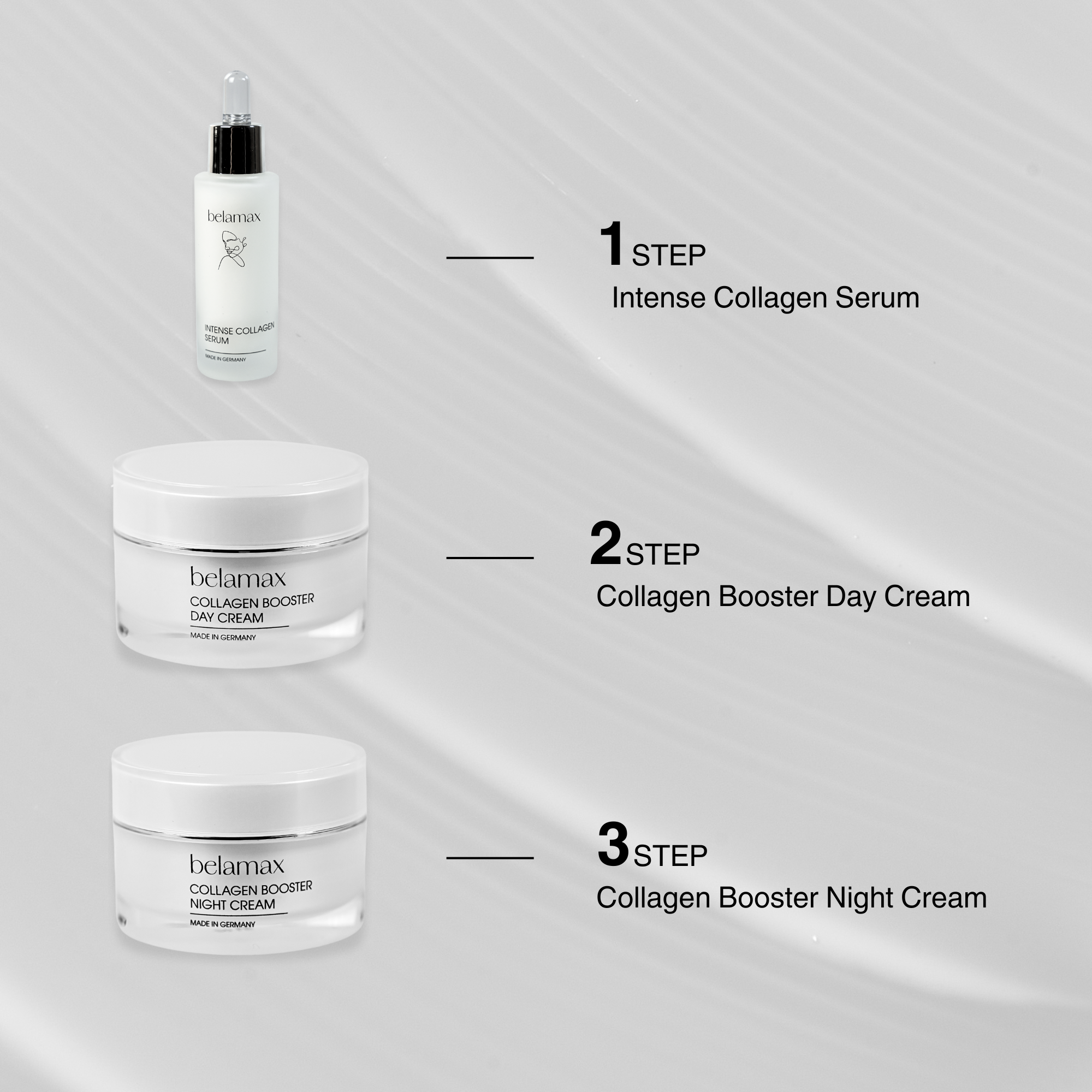 Anleitung zur Anwendung der Belamax Collagen Booster Night Cream als Teil einer reichhaltigen Anti-Aging Creme Routine.