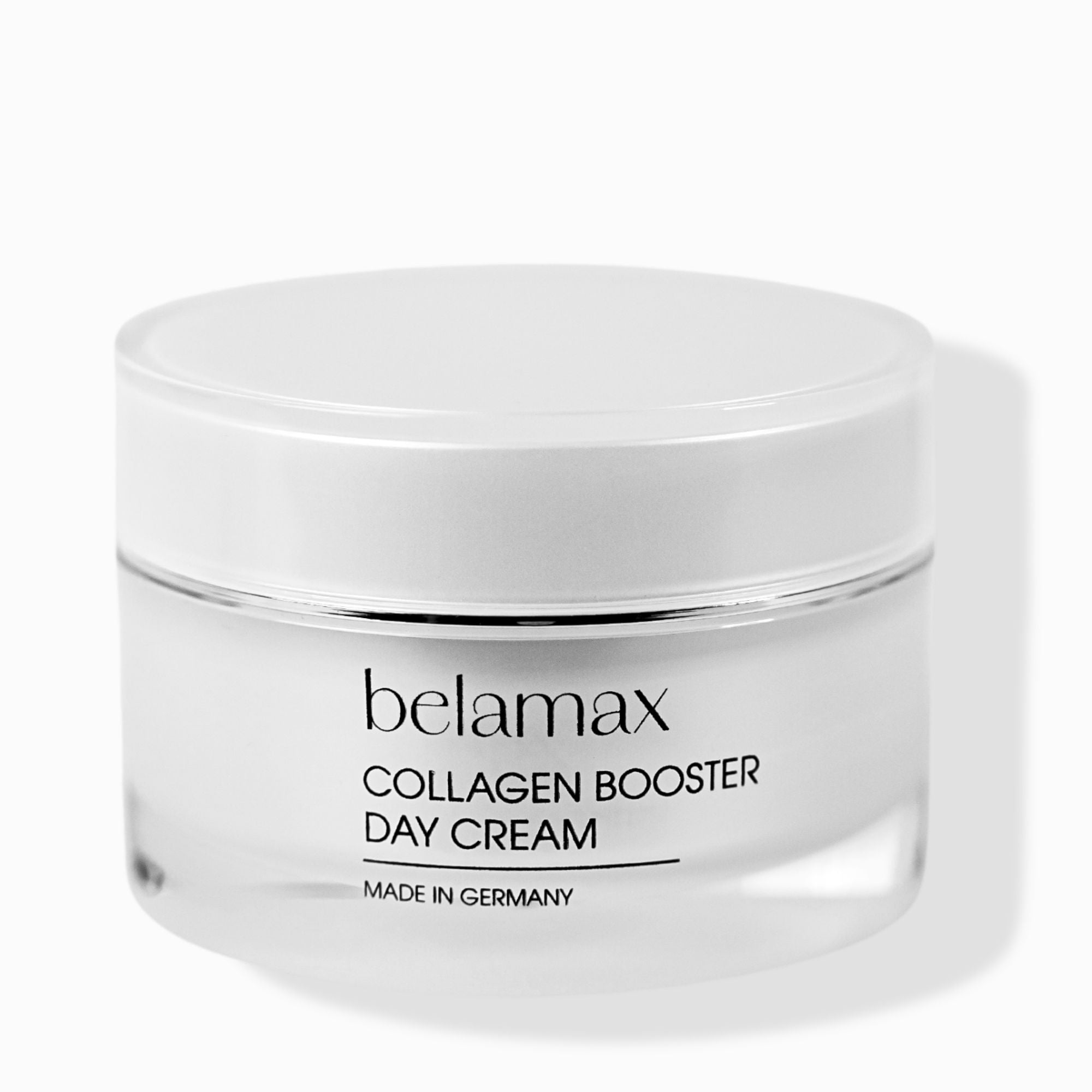 Belamax Collagen Booster Day Cream in einem eleganten Glastiegel, ideal für die tägliche Anwendung als Anti-Aging Tagespflege.