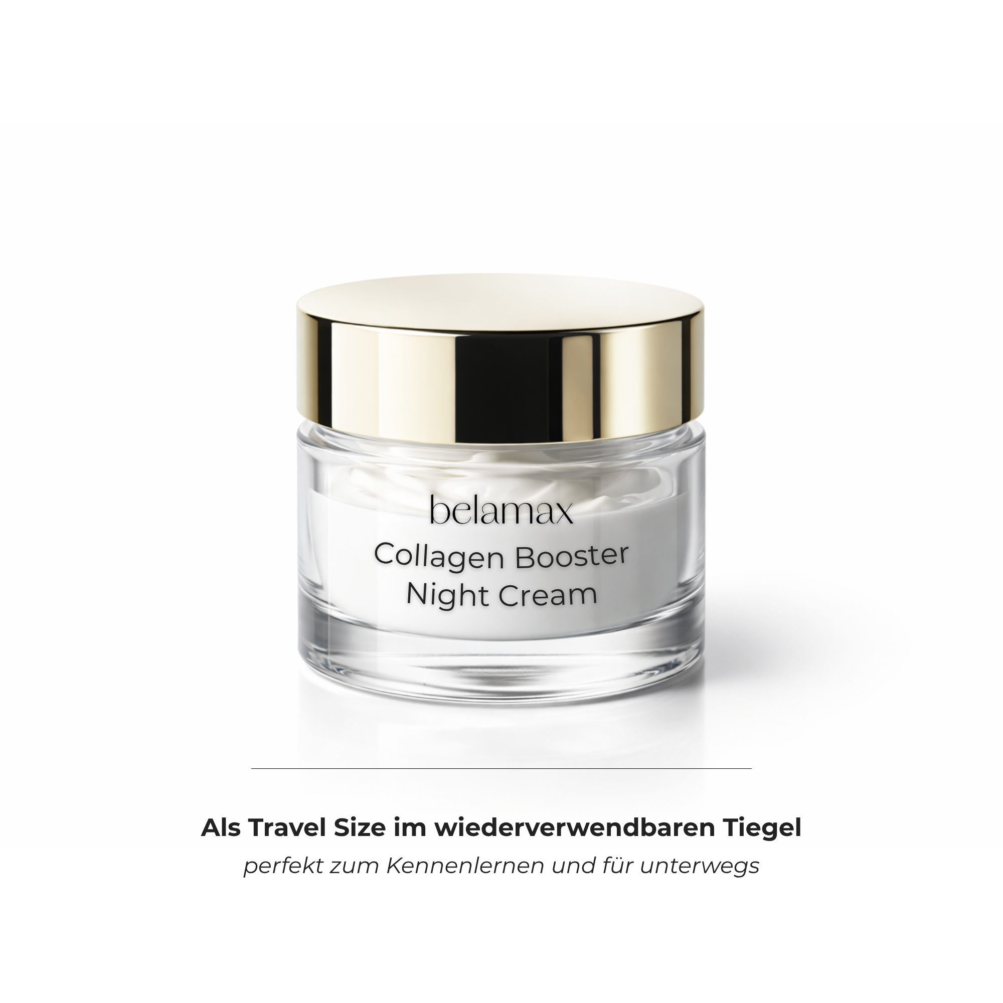 Belamax Collagen Booster Night Cream in der Kennenlerngröße von 10ml. Ideal für trockene Haut, als reichhaltige anti-aging creme zur Regeneration über Nacht.