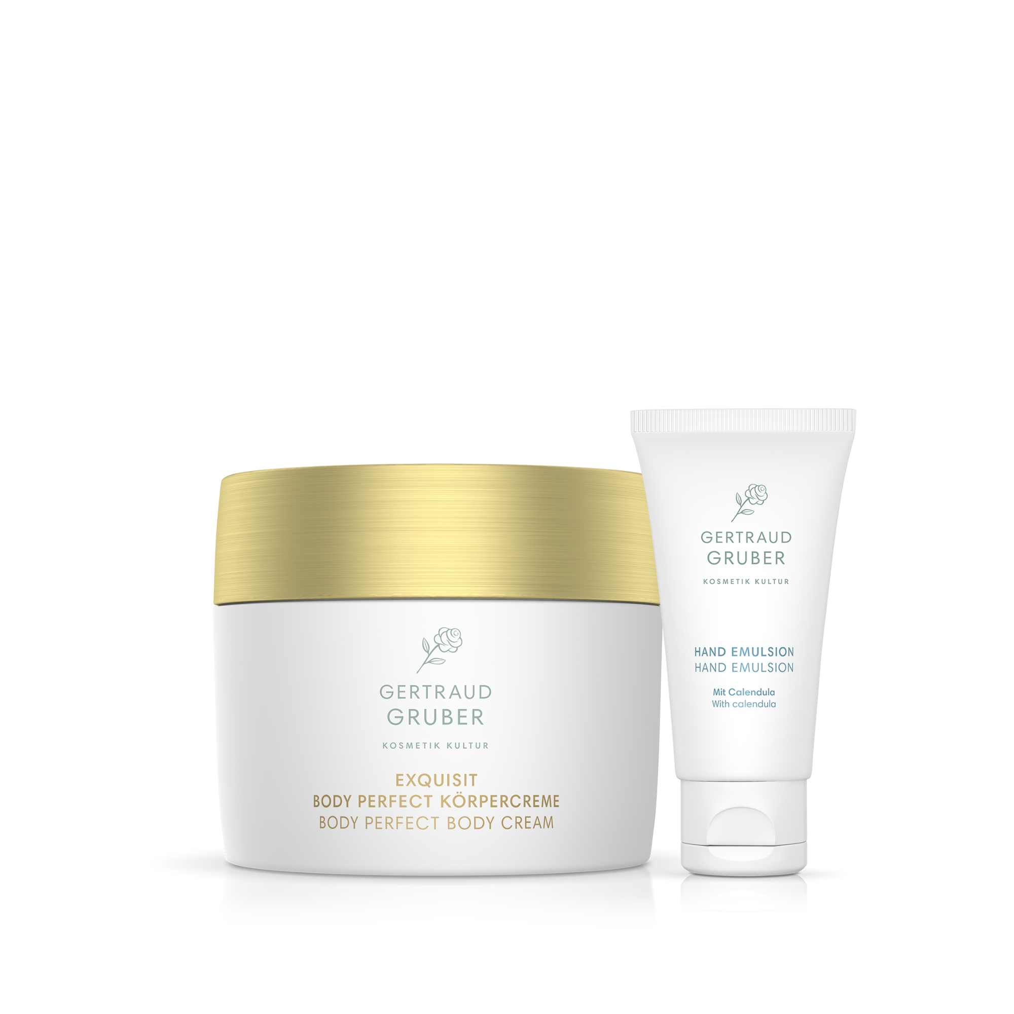 Gertraud Gruber Verwöhnmomente Körperpflegeset mit Exquisit Body Perfect Körpercreme 200ml und gratis Hand Emulsion 30ml für samtig gepflegte Haut.