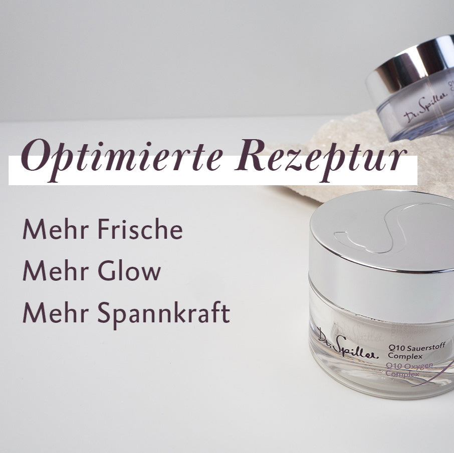 Dr. Spiller Q10 Sauerstoff Complex, Nahaufnahme des Produkts, ideal für die 24-Stunden-Pflege.